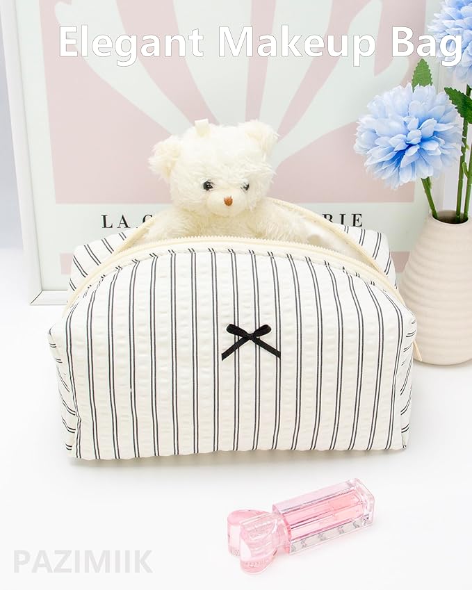 PAZIMIIK 2PCS Cozy Makeup Bag Small Aesthetic Travel Zipper Cosmetic Pouch for Women Make Up Beauty Accessories Brushes, Stripe Black