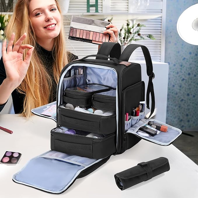 BAFASO Makeup Backpack with 4 Removable Pouches & 1 Brush Bag, Travel Makeup Case with Multiple Storage Spaces for Hair Supplies, Black