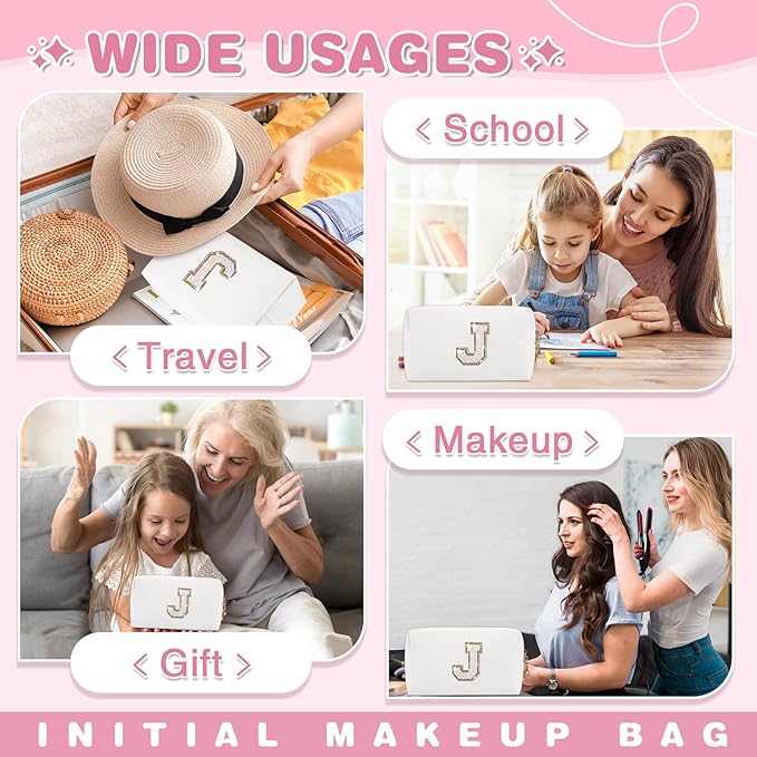Small Initial Patch Makeup Bag Personalized Gifts Make Up Bag,White Cute PU Leather Glitter Letter Cosmetic Bag with Zipper,Trendy Portable Travel Toiletry Pouch,Preppy Stuff for Teen Girls Women J