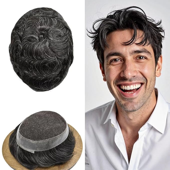 FACE MIRACLE Hair System for Men French Lace Mens Toupee Human Hair Replacement System Lace with PU Toupee for Men Male Hair Piece Wigs 7"X9" #1B20 Off Black with 20% Gray