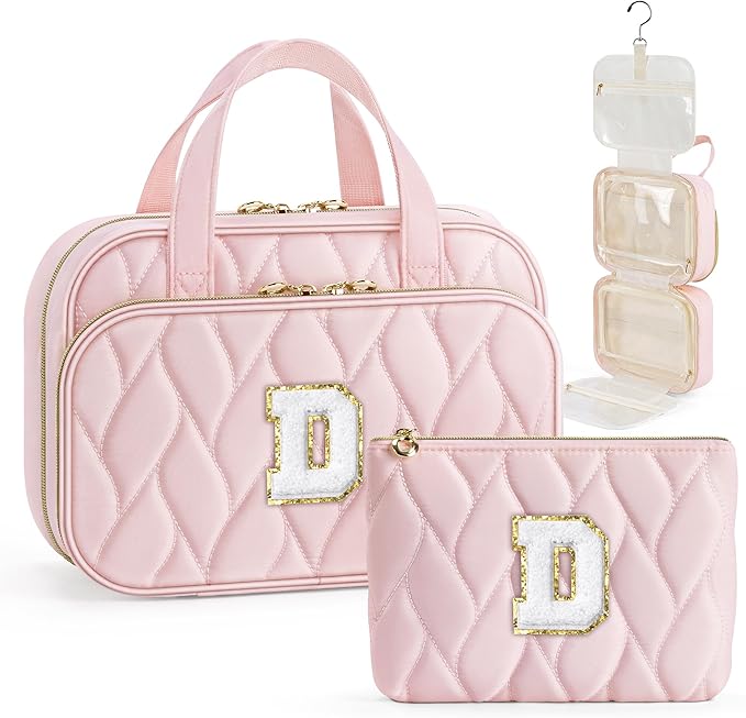 YOOLIFE Travel Toiletry Bag for Women - Hanging Toiletry Bag, Large Capacity Personalized Makeup Pouch, Travel Essentials - Letter Pink D