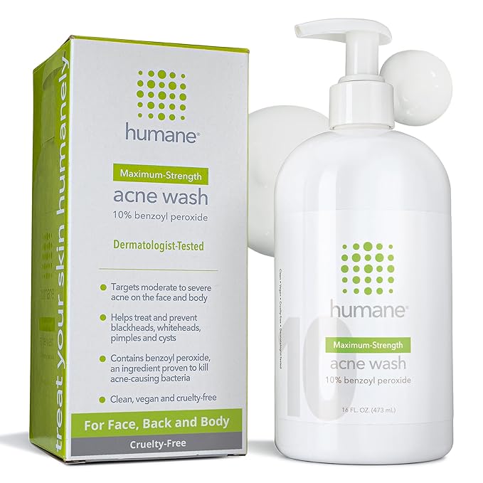 humane Benzoyl Peroxide Acne Body Wash - 10% Maximum-Strength Face, Skin, Butt, and Back Acne Treatment - 16 Fl Oz - Dermatologist-Tested Non-Foaming Acne Face Wash Cleanser - Vegan, Cruelty-Free
