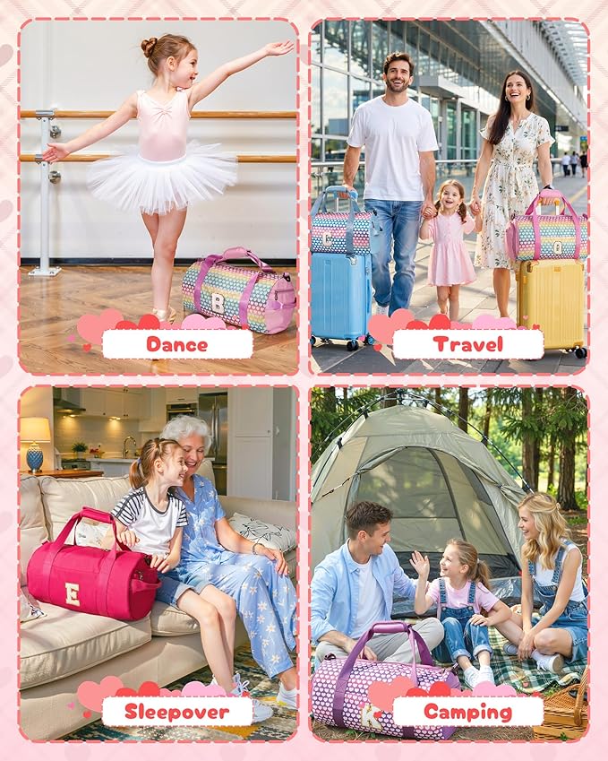 Gift for Teenage Girl, Girls Travel Duffel Bag, Kids Initial Overnight Bags with Shoe Compartment, Personalized Gym Ballet Dance Bag with Makeup Pouch, Sister Birthday Gifts (Letter J)