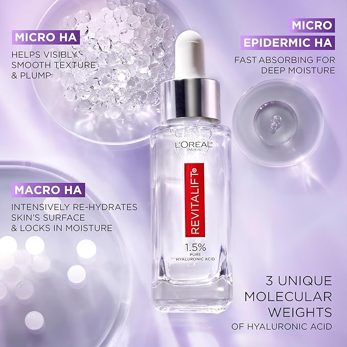 L'Oreal Paris Revitalift 1.5% Pure Hyaluronic Acid Serum for Face, Anti Aging Serum to Hydrate Skin & Reduce Wrinkles, Fragrance Free Skin Care for All Skin Types, 1 Oz