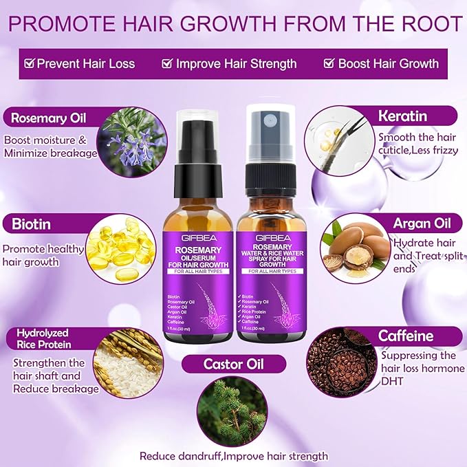 Rosemary Oil Hair Growth Serum W/Rosemary Water & Rice Water Spray Hair Growth,Biotin Castor Oil Argan Oil Caffeine Keratin Reduce Hair Loss,Restore Dry Damaged Hair Regrowth Treatments for Women Men