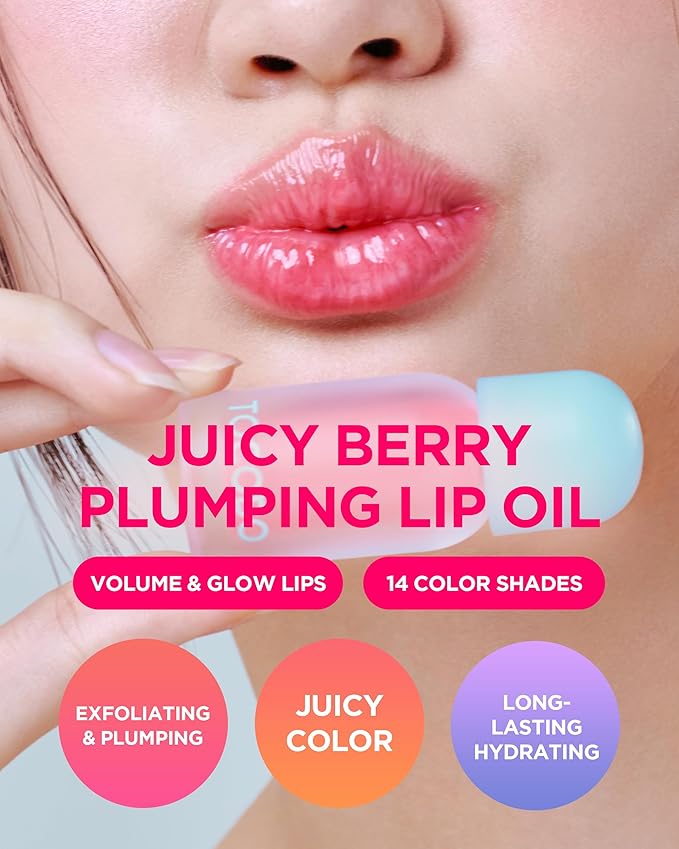 TOCOBO Juicy Berry Plumping Lip Oil 06 Berry Candy – Korean Vegan Hydrating Lip Oil with Plant Oils for High Shine Gloss - Non Sticky Formula for All Skin Tones, 0.14 fl.oz.