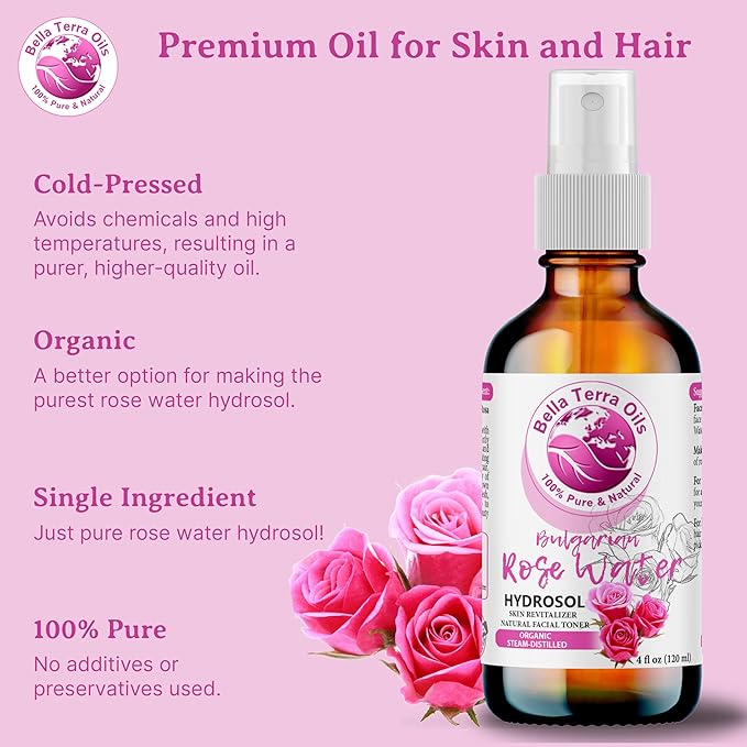 Bella Terra Oils - Organic Rose Water Mist 16oz - Infused with Authentic Rose Essence, Elevate Your Daily Beauty Ritual, Essential for Skin Hydration
