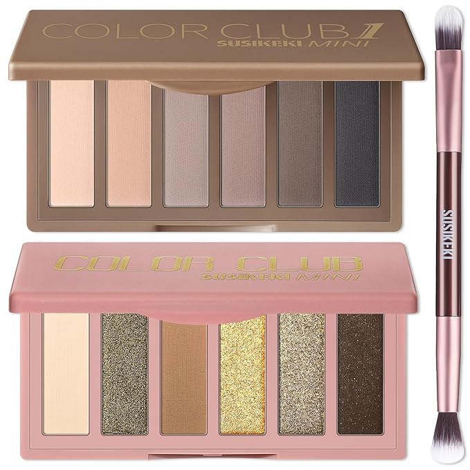 2PCS 6 Colors Mini Eyeshadow Palette Makeup with Brush Set Neutral Nude Eye Shadow Brown & Olive-colored Matte Shimmer Make Up Pallet with Mirror Highly Pigmented Travel Size Gift Kit
