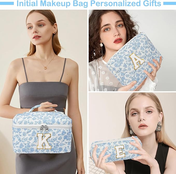 Initial Makeup Bag Set, Personalized Quilted Makeup Bag, Large Floral Cosmetic Bag for Women, Cute Cotton Custom Make up Bags, Flower Travel Toiletry Bag Teen Girl Gift Blue Flower K