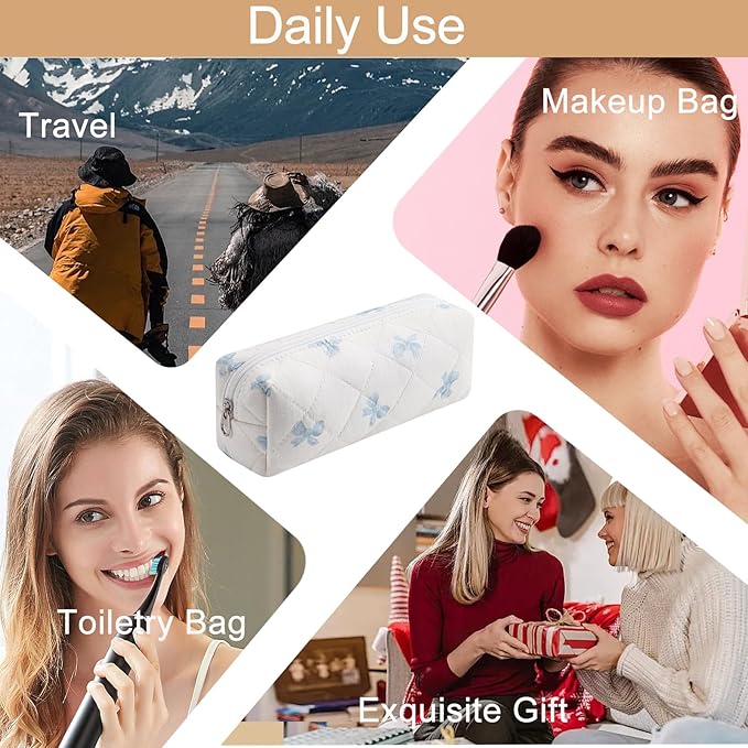Cute Floral Cotton Makeup Brush Cosmetic Bag for Women, Travel Quilted Zipper Make Up Bag, Flowers Toiletry Organizer Case Kawaii Makeup Cosmetic Travel Cloth Pouch (Blue Bow Tie)