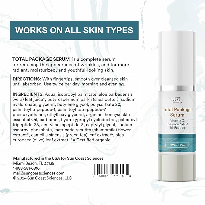 Sun Coast Sciences - Total Package Serum, All-In-One Vitamin C, Hyaluronic Acid, Anti-Aging Facial Super Serum for Wrinkles, Brightening, Dark Spots - 1 fl oz (Pack of 3)