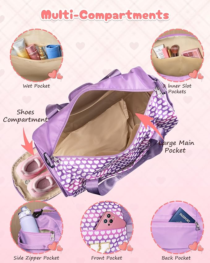 Christmas Gifts for Grandkids, Girls Travel Duffel Bag, Kids Initial Overnight Bags with Shoe Compartment, Personalized Gym Ballet Dance Bag with Makeup Pouch, Gift for Teenagers (Letter F)