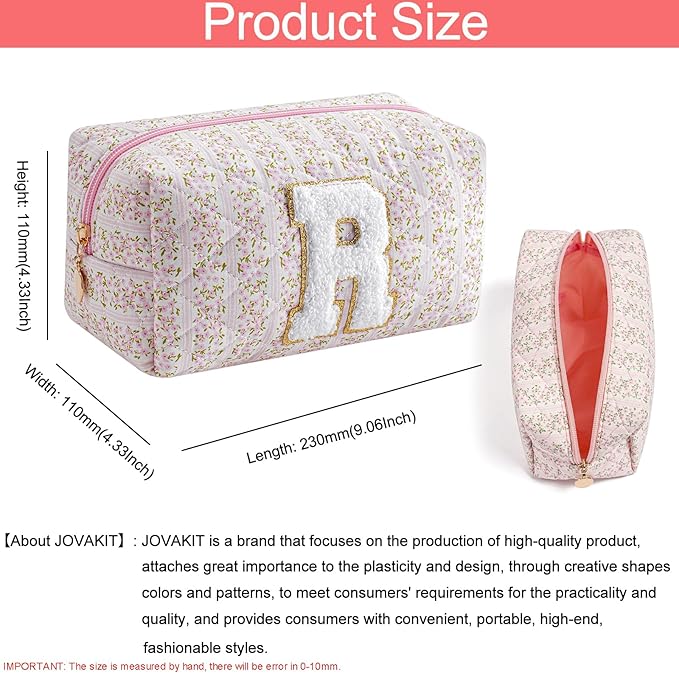 JOVAKIT Alphabet Makeup Bag Cosmetic Bag for Women, Christmas Gifts for Girls Age 6-18, Floral Flowers Coquette Travel Toiletry Zipper Make Up Pouch Organizer Trendy Stuff (Pink Floral R)