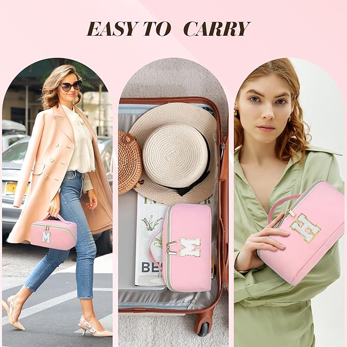 for Christmas Day Gifts, Makeup Bag for Women, PU Leather Travel Toiletry Bags, Initial Make Up Cosmetic Pouch for Teen Girls, Wide Open Portable Skincare Bag, Personalized Birthday Gifts, Pink U