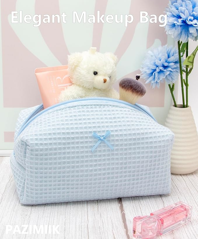 PAZIMIIK 6PCS Cozy Makeup Bag Travel Cosmetic Bag for Women Soft Toiletry Bag Aesthetic Makeup Organizer Portable Large Zipper Pouch for Skincare Beauty Accessories Brushes Waffle Check Blue
