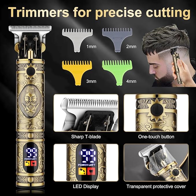 Professional Cordless Barber Clippers for Men - Hair Clippers Zero Gap T-Blade Trimmer Electric Foil Shaver and Nose Hair Trimmer Set, Hair Cutting Grooming Kit Ideal Gift for Men