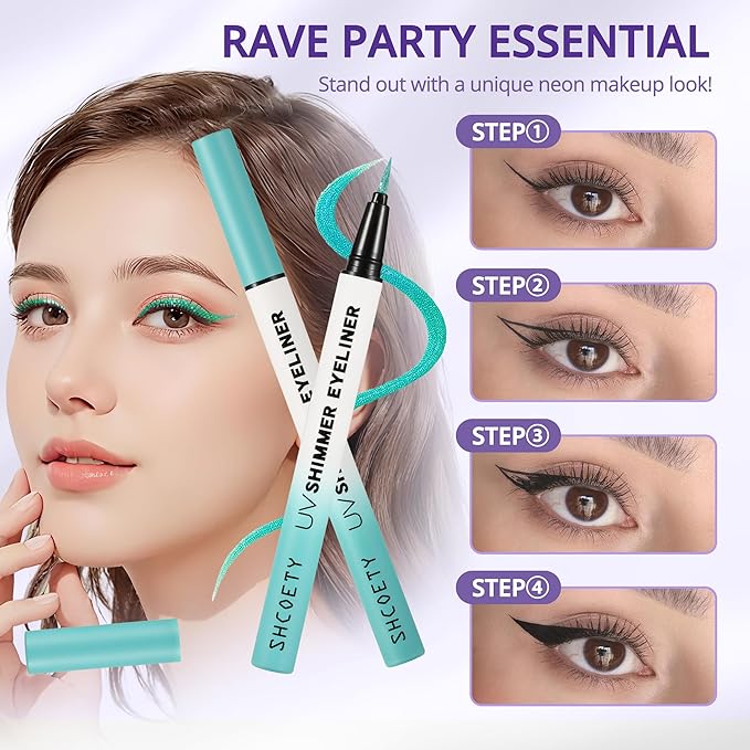 Metallic Neon Liquid Eyeliner, Glitter Neon Colored Eyeliners Pen, High Pigmented, Waterproof Smudge-Proof and Long-Lasting Metallic Eye Makeup for Halloween Christmas,Shimmer Turquoise