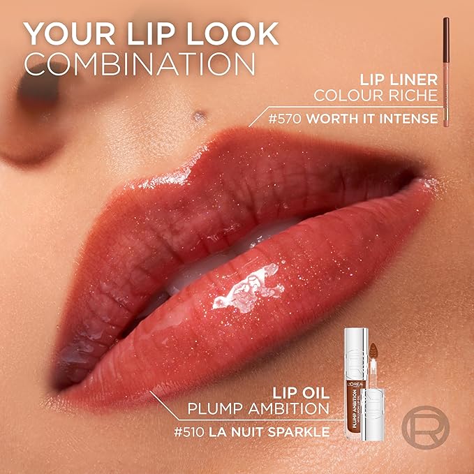 L'Oreal Paris Plump Ambition Hyaluron Lip Oil, 24 HR Lip Gloss with Hyaluronic Acid, Volumizing Formula with Glass-Like Shine, Rouge In Love 380, 0.16 Fl Oz