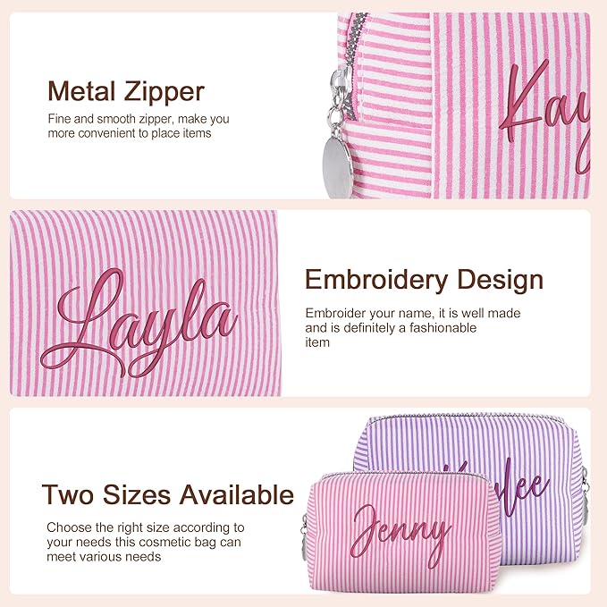 Yofair Personalized Makeup Bag with Name, Large Capacity Travel Toiletry Case Teen Girl Gift Trendy Stufff Custom Seersucker Cosmetic Bags Wedding Birthday Gifts for Girls Women