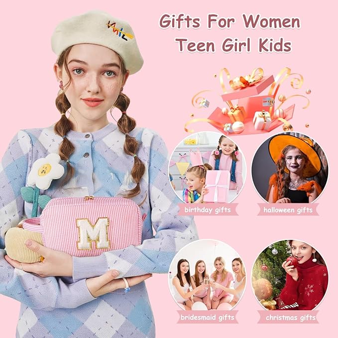 YOOLIFE Bridesmaid Proposal Gifts - Personalized Bridal Shower Bridesmaid Bride To Be Bachelorette Party Gifts Maid Matron Honor Gifts, Monogram Initial Pink Makeup Bag Cosmetic Bag, Letter B