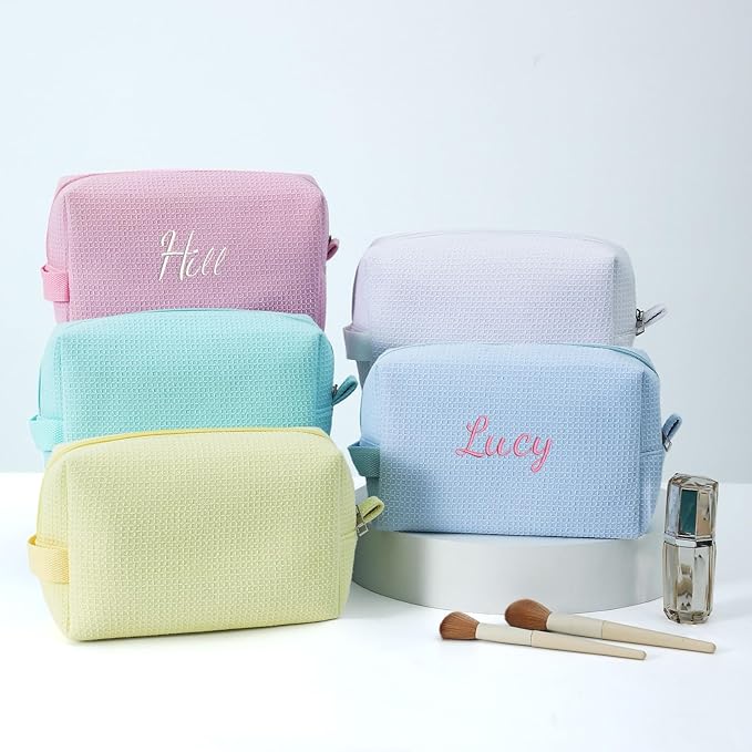DYSHAYEN Waffle Makeup Pouch Bag, Small Travel Cosmetic Bag, Gifts for Women Bridesmaid,Wedding,Christmas (Blue)