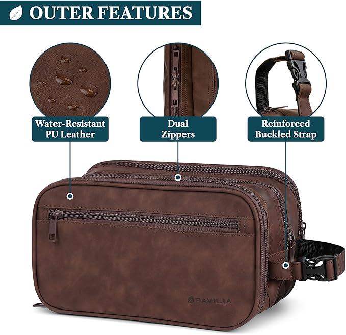 PAVILIA Toiletry Bag for Men, Travel Pouch Essentials Shaving Dopp Kit, Travel Bag Toiletries Organizer Case, Cosmetic Make Up Accessory, Water Resistant