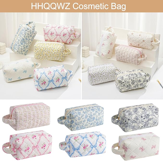Makeup Bag Travel Cosmetic Bag for Women, Zipper Make Up Pouch, Floral Flowers Toiletry Organizer Makeup with Handle, Cosmetic Travel Cloth Bag (Blue Bow Tie)