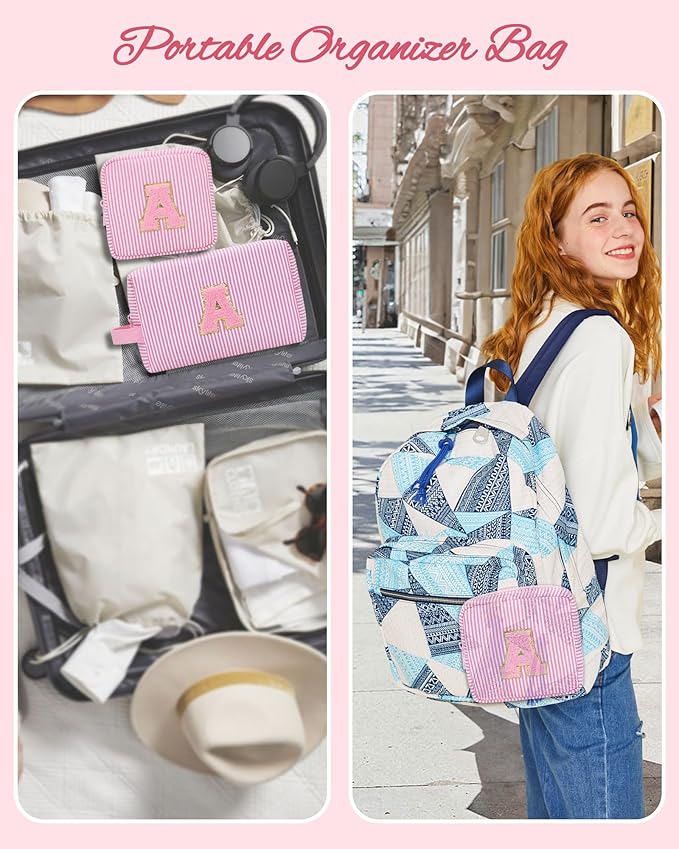 MONSTINA Initial Makeup Bag, Birthday Gifts for 4 5 6 7 8 9 10 11 12 Year Old Girls, Personalized Preppy Cosmetic Bag |Cute Toiletry Bag,2PCS,Pink J