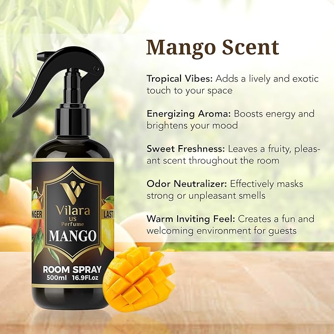 Vilara US Room Spray Freshener – Long-Lasting Luxury Perfume Scent, Linen & Fabric Spray for Bedding, Furniture, Home & Bedroom Aromatherapy – 16.9 fl oz (Mango)
