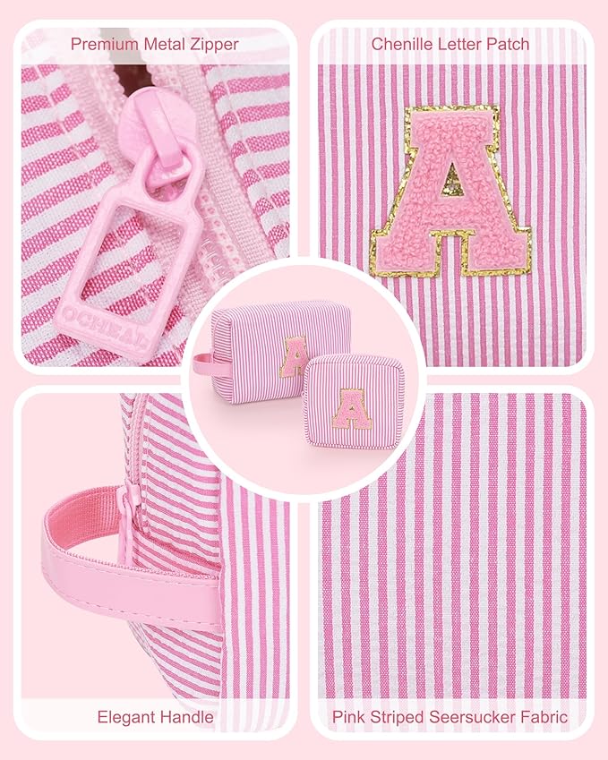 MONSTINA Travel Makeup Bag for Women,Make Up Pouch for Girlfriend Bridesmaid Wife,Birthday Gift for Her Cute Monogram Cute Initial Toiletry Bag Set,2PCS Pink H
