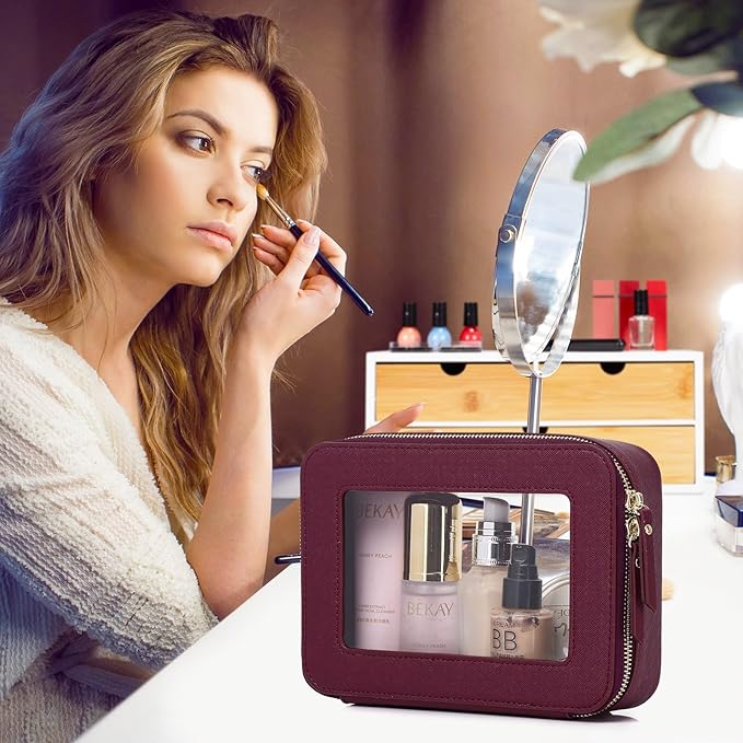 Pinkmik Clear Makeup Bag Waterproof Travel Case for Cosmetics and Toiletries Women's Purse Organizer and Clear Car Bag with Zipper (X/Burgundy, L+M+MINI)