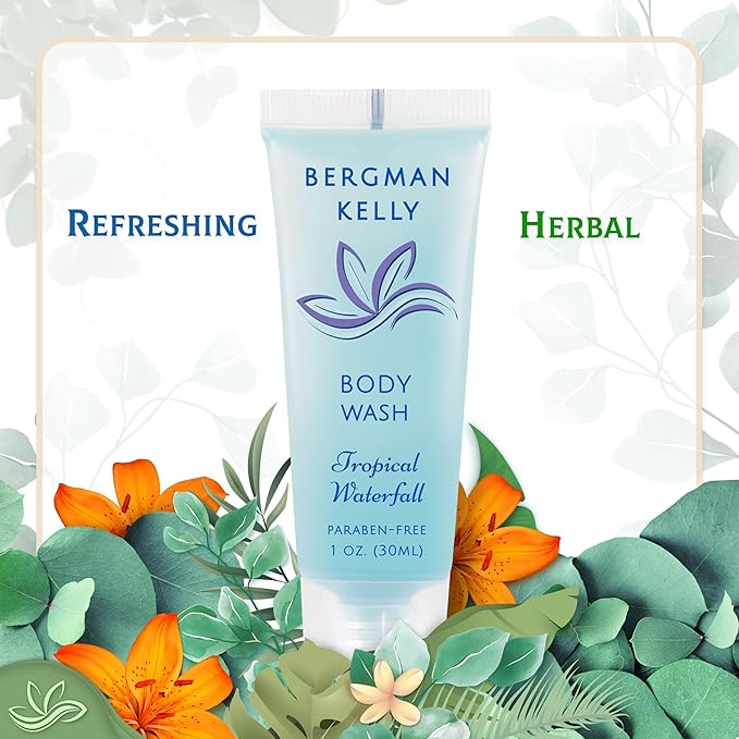 BERGMAN KELLY Travel Size Body Wash (1 fl oz, 200 PK, Tropical Waterfall), Delight Your Guests with an Invigorating and Refreshing Hotel Body Wash, Mini and Small Size Guest Hotel Toiletries in Bulk