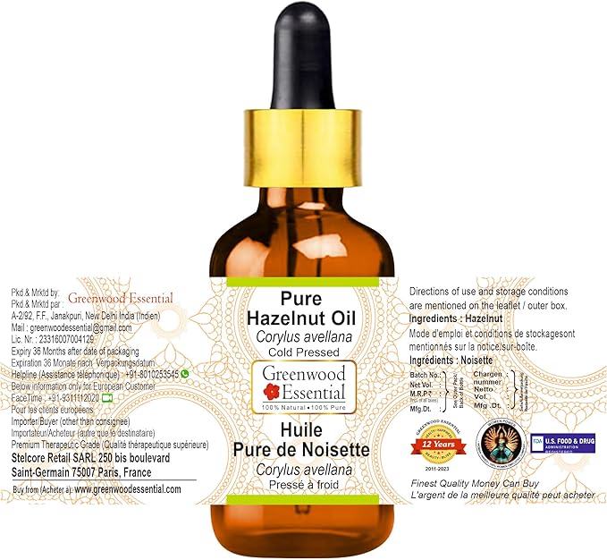 Greenwood Essential Pure Hazelnut Oil (Corylus avellana) with Glass Dropper Cold Pressed 50ml (1.69 oz)