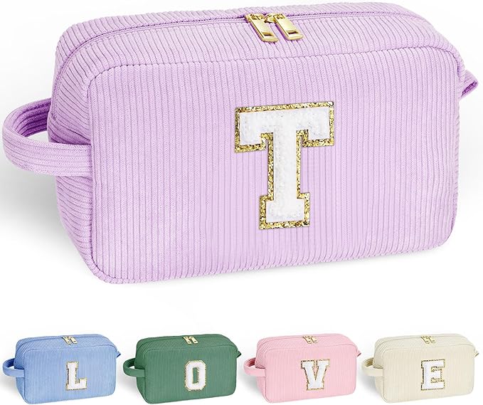 YOOLIFE Girls Travel Makeup Bag - Make Up Bag Mini Cosmetic Bags for Women Makeup Brush Bag Travel Bag Cute Small Makeup Bag Unique Gifts Teacher Gifts Friend Birthday Gifts for Women Her Letter T