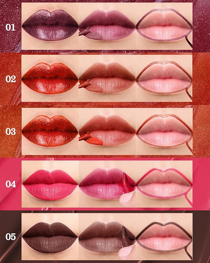Peel Off Lip Liner Stain, Long Lasting Waterproof Transfer-Proof Lip Tint Stain Peel Off, Non-stick High Pigmented Lip Gloss Lipliner Tattoo, Liquid Tinted Lipstick, Lip Makeup Gift for Women Girl-05