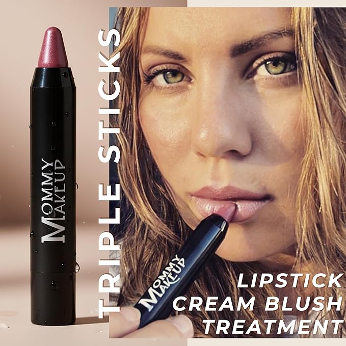 Mommy Makeup Triple Sticks Lipstick, Cream Blush & Teatment All-In-One with Shea & Cocoa Butter - Soft & Creamy Moisturizing Lip Crayon For Lips & Cheeks (Bare Babe)