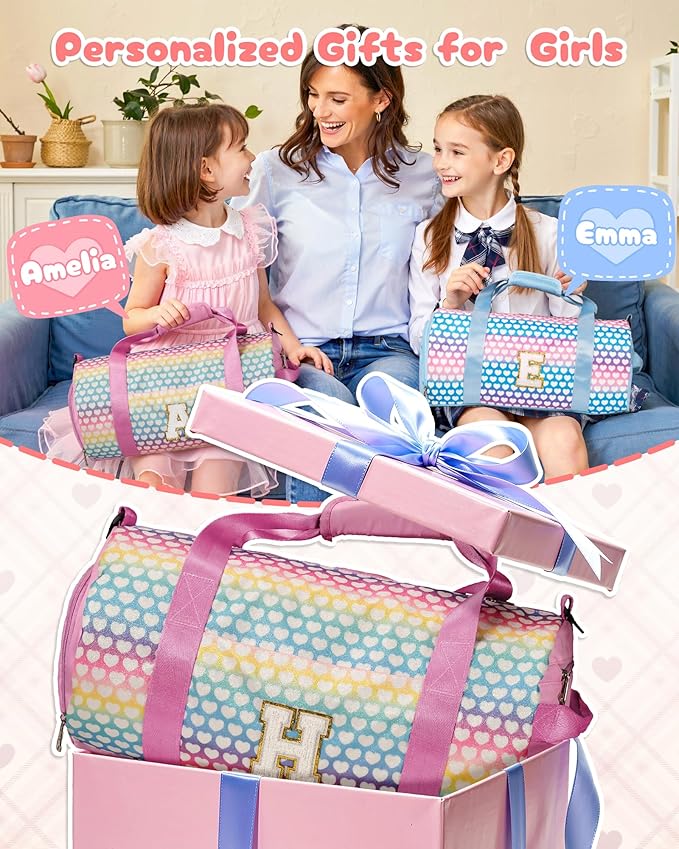 Gifts for 8 Year Old Girl, Girls Travel Duffel Bag, Kids Initial Overnight Bags with Shoe Compartment, Personalized Weekender Bag with Makeup Pouch, Gift for Grandkids (Letter E)