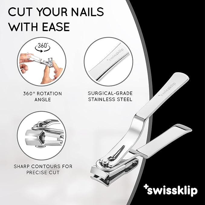 Swissklip Nail Clippers for Men & Women I Finger Nail Clippers for Adult with 360 Degree Rotating Head I Fingernail Clippers for Women I Surgical-Grade Stainless Steel Material (3 Pack)