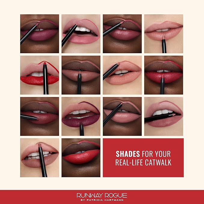 Runway Rogue Designer Liner Lip Pencil, Matte Crimson Dark-Red Lip Liner Pencil and Lip Liner Sharpener, ‘In the Press’
