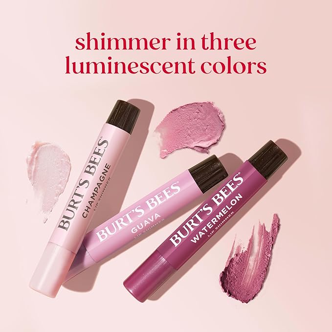 Burt's Bees Christmas Gifts, Lip Shimmer Pink Collection, Tinted Lip Balm Stick, Moisturizing for Hydration with Natural Glowy Pigmented Finish & Buildable Color, Value Pack, 3 Tubes x 0.09 Oz
