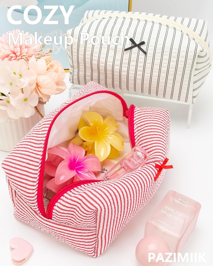 PAZIMIIK Cozy Makeup Bag Small Aesthetic Travel Zipper Cosmetic Pouch for Women Make Up Beauty Accessories Brushes, Stripe Red