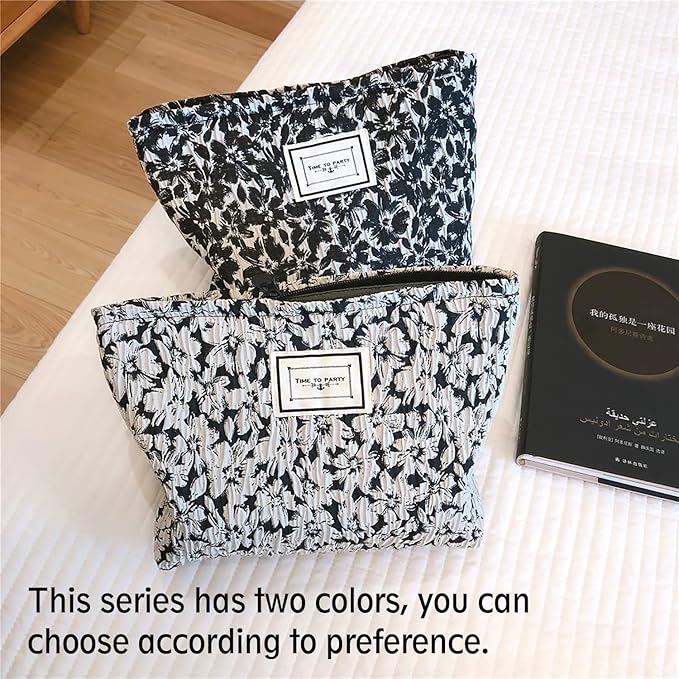STARDW Aesthetic Floral Makeup Bag Cute Small Cosmetic Bags for Women Girls, Travel Toiletry Bag Large Capacity Zipper Makeup Pouch, Purse Organizer Pouches (Black Flowers)
