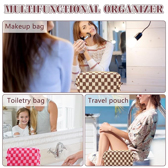 ZLFSRQ 2Pcs Checkered Pencil Case Cute Pencil Pouch for Teens Checkered Makeup Bag Medium Travel Cosmetic Bag Preppy Makeup Pouch for Purse Aesthetic Zipper Toiletry Bags Organizer(Pink/Brown)