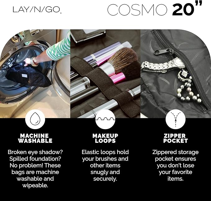 Lay-n-Go Cosmo Drawstring Cosmetic & Makeup Bag Organizer - Portable Drawstring Makeup Bag w/Zipper Pocket & More - Durable, Machine Washable Toiletry Bag for Travel (20", Grit Grace Gratitude)