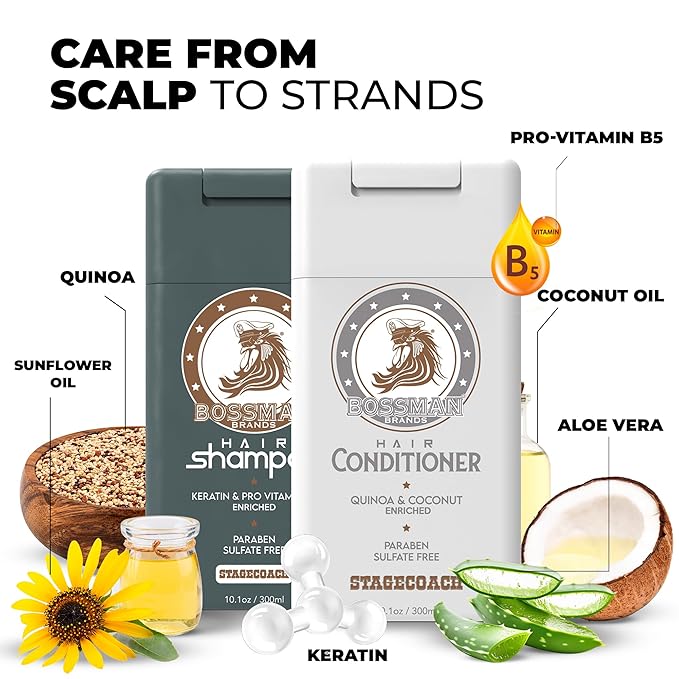 Bossman Hair Shampoo and Conditioner Combo - Hydrating, Strengthening, and Soothing Formula for Men's Hair - Paraben Free & Sulfate Free (Stagecoach) - Packaging May Vary