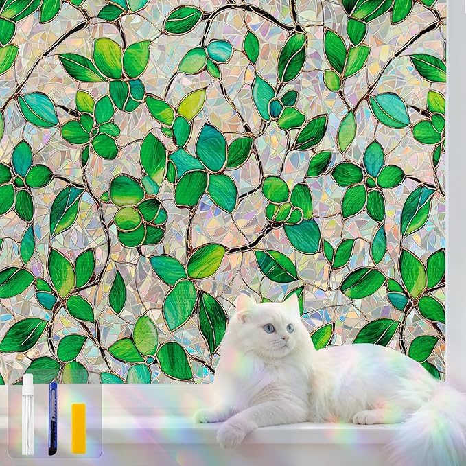 Stained Glass Window Privacy Film Decorative Rainbow Static Clings – Ideal for Home & Office, Adhesive-Free, Removable, UV-Blocking (Green Rainbow, 23.6 X 78.7 in)