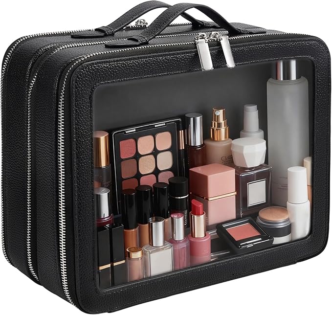 Clear Makeup Bag,Large Toiletry Case for Women,PU Leather Travel Cosmetic Bag,Detachable Makeup Case,Double Compartment Make up Organizer