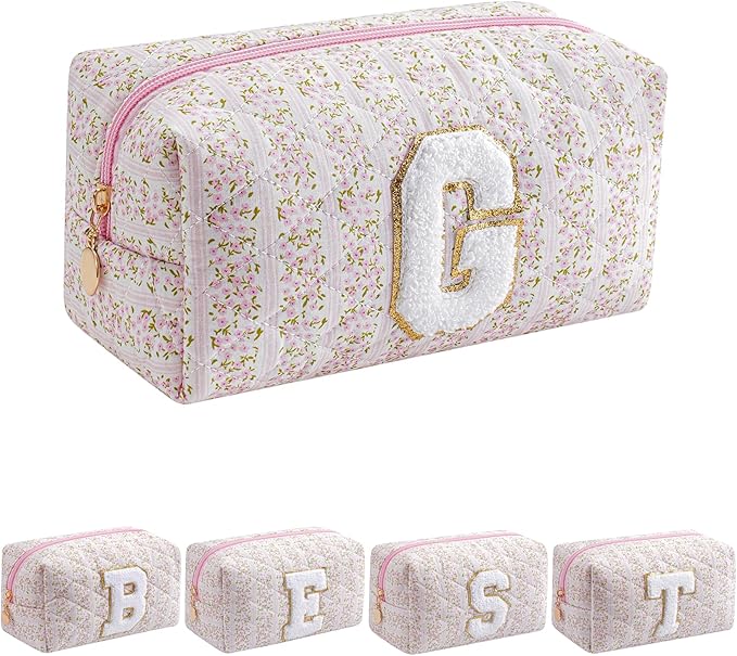 JOVAKIT Alphabet Makeup Bag Cosmetic Bag for Women, Christmas Gifts for Girls Age 6-18, Floral Flowers Coquette Travel Toiletry Zipper Make Up Pouch Organizer Trendy Stuff (Pink Floral G)
