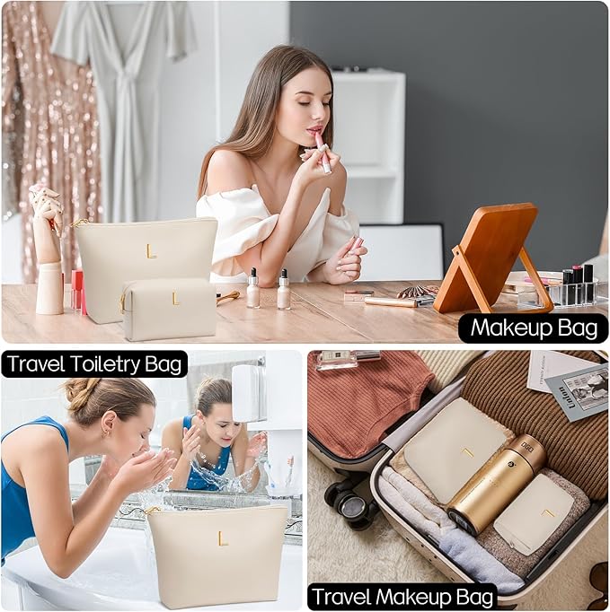 Women Gifts | Initial Makeup Bag Set for Girl Personalized Gifts for Bridesmaid Friend Graduation Teachers PU Leather Cosmetic Travel Toiletry Bag(Beige,L)