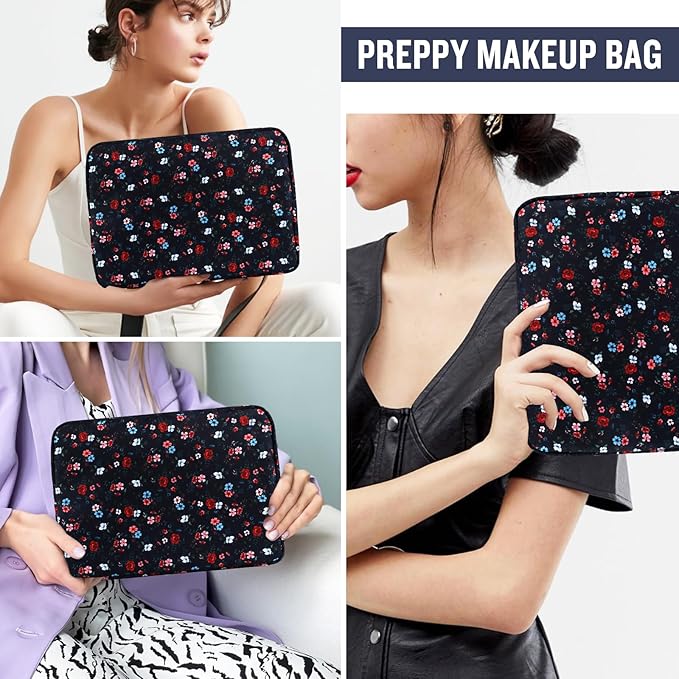 Nylon Large Floral Makeup Organizer Bag, Preppy Big Cute Flower Cosmetic Zipper Pouch Multi-compartment with Dividers, Waterproof Toiletry Makeup Brushes Travel Essentials for Women(Navy Blue-Flower)